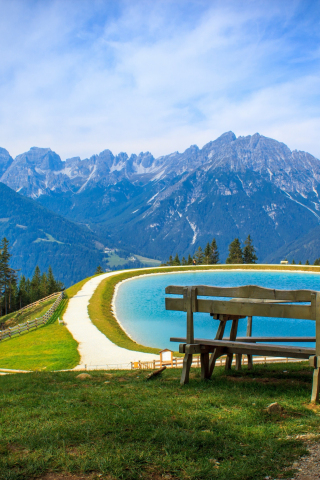 Lake, mountains, nature, landscape, bench, 240x320 wallpaper