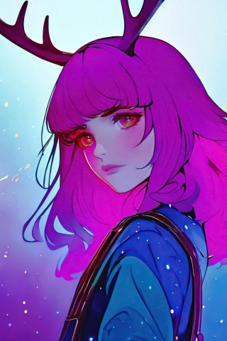 Purple hair girl with horns, fantasy, pretty eyes, art, 240x320 wallpaper