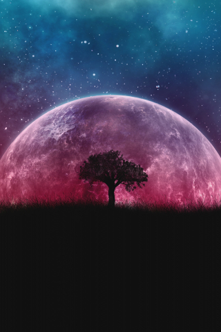 Planet, silhouette, tree, moon, galaxy, stars, photoshop, 240x320 wallpaper