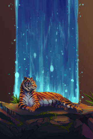 Artwork, tiger, waterfall, stones, 240x320 wallpaper