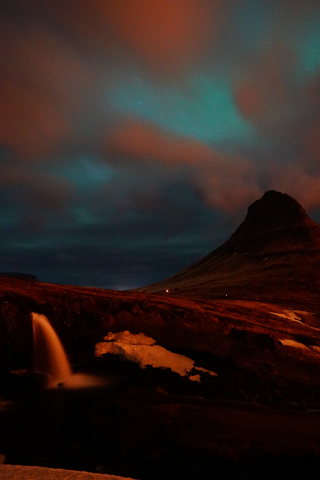 Kirkjufell, waterfall, mountains, landscape, night, 240x320 wallpaper