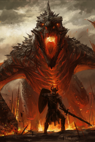 Dragon and warrior, fantasy, art, 240x320 wallpaper