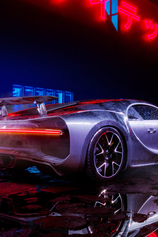 Bugatti Chiron, neon lights, luxury car, 240x320 wallpaper