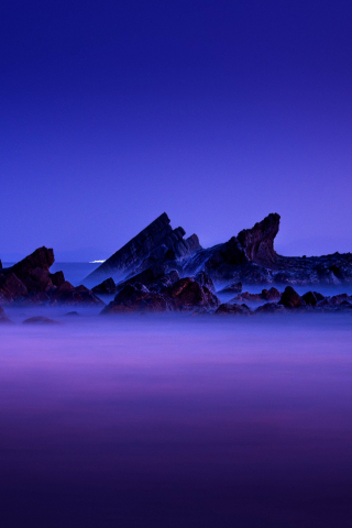 Purple sky, sunset, rocks, coast, beach, seascape, 240x320 wallpaper