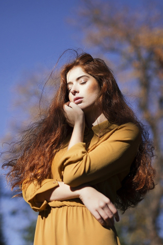 Red head, woman, beautiful, closed eyes, outdoor, 240x320 wallpaper
