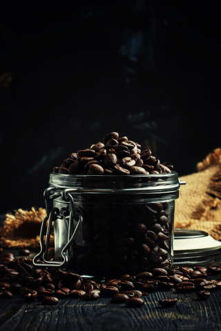 Coffee beans, glass jar, 240x320 wallpaper
