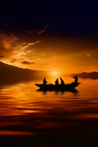 Sunset, boat, lake, mountains, silhouette, 240x320 wallpaper