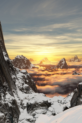 Valley, mountains, clouds, snow layer, sunset, winter, 240x320 wallpaper