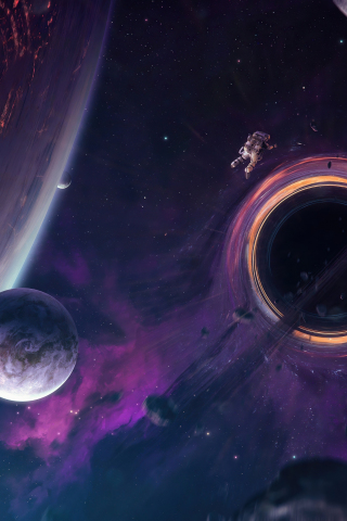 Black hole and planets, astronaut exploration, space, 240x320 wallpaper