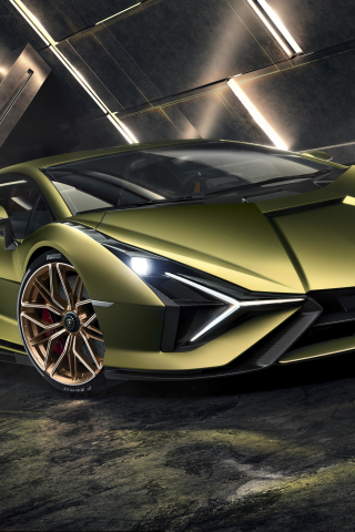 Lamborghini Sian, greenish sportcar, 2019, 240x320 wallpaper