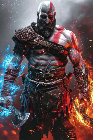 Kratos in action, warrior from God of War, 2024, 240x320 wallpaper