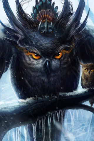 Mother owl and baby, fantasy, art, 240x320 wallpaper
