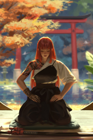 Warrior, anime, redhead, with katana, art, 240x320 wallpaper