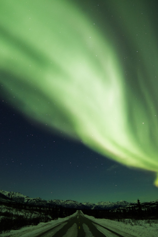 Aurora Borealis, green lights, sky,  highway, night, 240x320 wallpaper