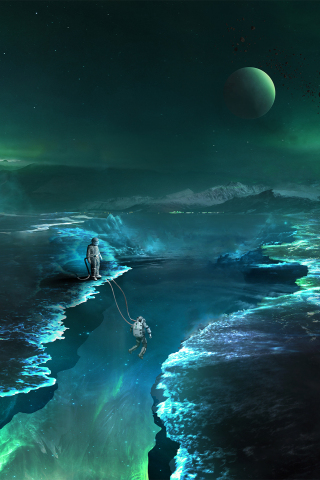 Abyss, astronaut, Northern Lights, fall, fantasy, art, 240x320 wallpaper