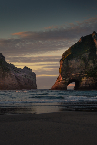 New Zealand, beach, arc, cliff, sunset, 240x320 wallpaper