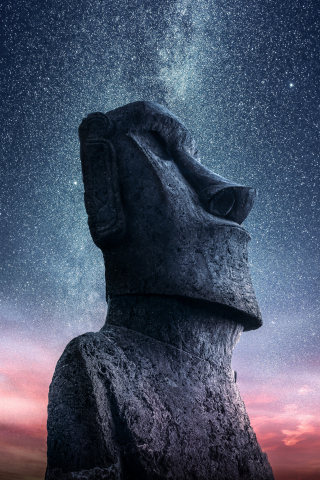 Moai, Statue, Easter Island, sunset, starry sky, 240x320 wallpaper