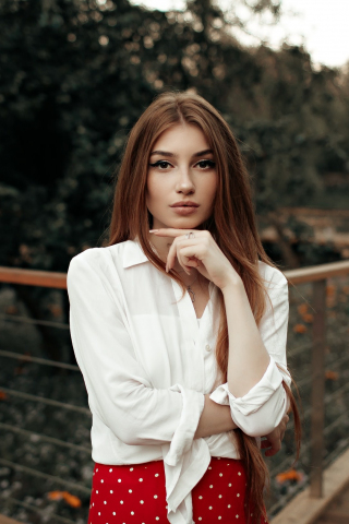 Girl model, white top, outdoor, 240x320 wallpaper