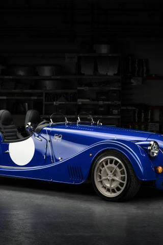 Morgan Plus 8, 50th anniversary edition, blue, classic car, 240x320 wallpaper