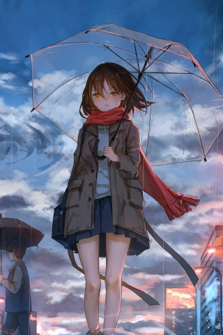 Girl with umbrella, rain, anime, original, 240x320 wallpaper