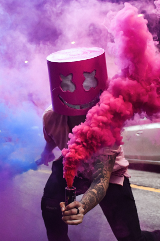 Marshmello, mask, colorful smoke, street festival, 240x320 wallpaper