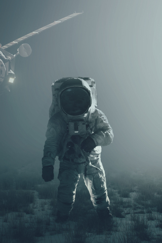 Astronaut, satellite, landscape, fantasy, 240x320 wallpaper