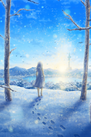 Girl and winter, forest, fantasy art, 240x320 wallpaper