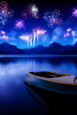 New year, fireworks, 2018, boat, reflections, 240x320 wallpaper