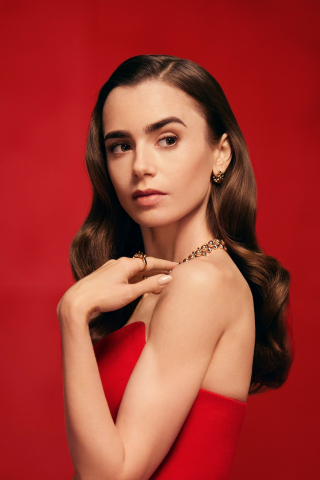 2021, Lily Collins, red dress, gorgeous actress, 240x320 wallpaper