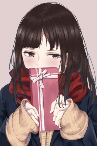 Cute, anime girl, shy, gift box, 240x320 wallpaper