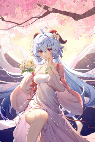 Blossom and girl, blue hair, Genshin Impact, game, 240x320 wallpaper
