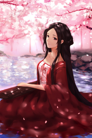 Cute, anime girl, cherry flowers, music, play, 240x320 wallpaper