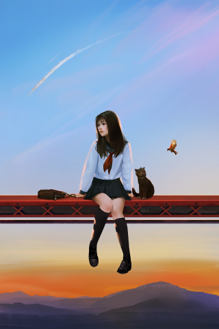Anime girl and her kitten, original, artwork, 240x320 wallpaper