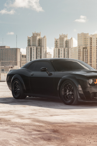 Muscle car, black, Dodge Challenger SRT, side view, 2019, 240x320 wallpaper
