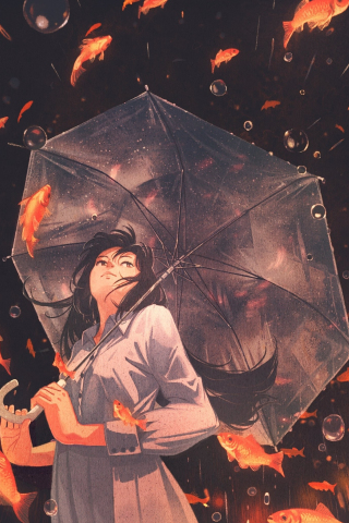 Original, anime girl, umbrella, fishes, 320x480 wallpaper