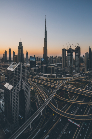 Dubai, cityscape, sunrise, road, bridge, buildings, 240x320 wallpaper