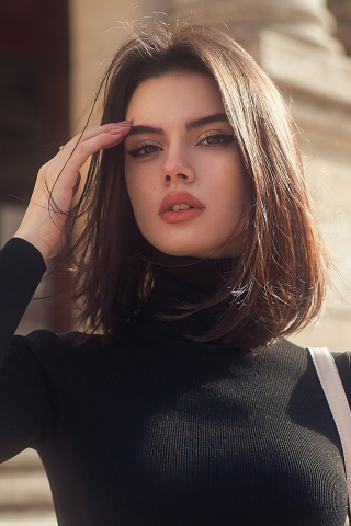 Girl model, black clothing, brunette, beautiful, 240x320 wallpaper