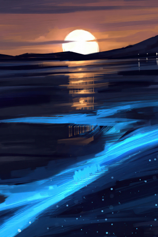 Sunset, glowing lake, artwork, 240x320 wallpaper