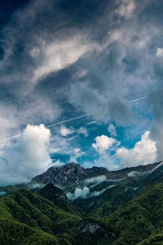 Clouds, sky, green mountains, sunny day, 240x320 wallpaper