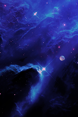 Blue-dark clouds, cosmos, dark realm, fantasy, planets, 240x320 wallpaper