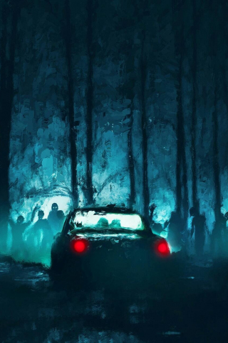 Zombies, car, night, dark, art, 240x320 wallpaper