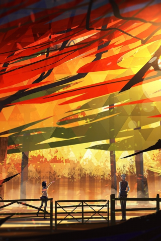 Anime, outdoor, friends, autumn, art, 240x320 wallpaper