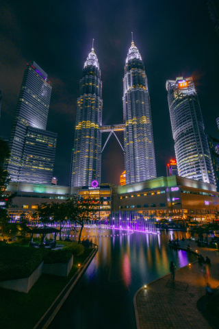 High towers, Petronas Twin Towers, buildings, night, city lights, 240x320 wallpaper