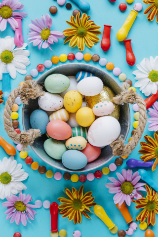 Easter, colored eggs, basket, decorative, 240x320 wallpaper