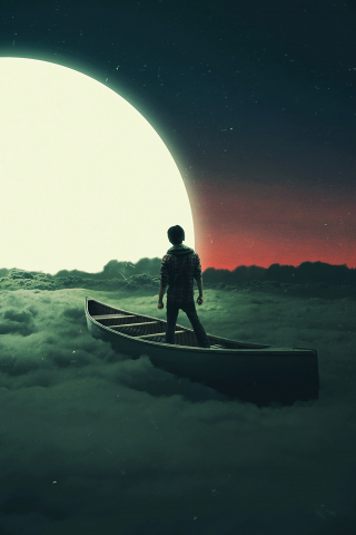 Sail to the moon, clouds, boat, art, 240x320 wallpaper