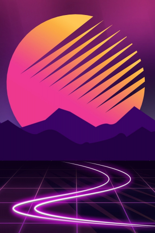 Neon, cyberwave, purple, mountains, moon, outrun, 240x320 wallpaper