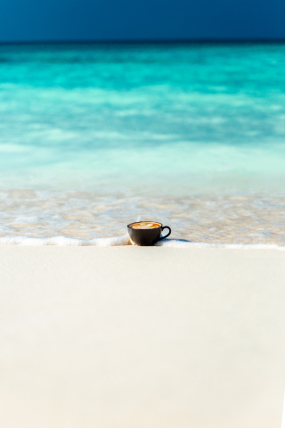 Coffee cup, beach, sea waves, soft, minimal, 240x320 wallpaper