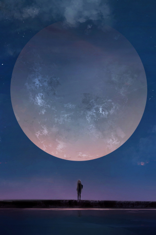 Big moon, anime girl, night, outdoor, 240x320 wallpaper