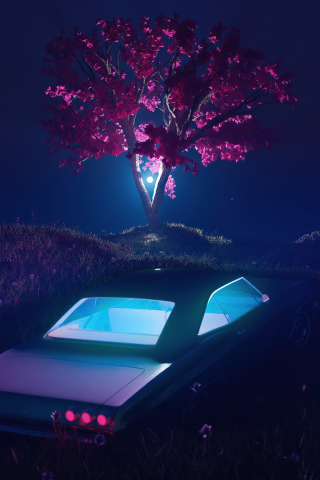 Light in the car, tree and car, artwork, 240x320 wallpaper