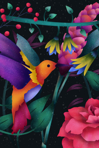 Hummingbird, abstract, colorful, flowers, 240x320 wallpaper